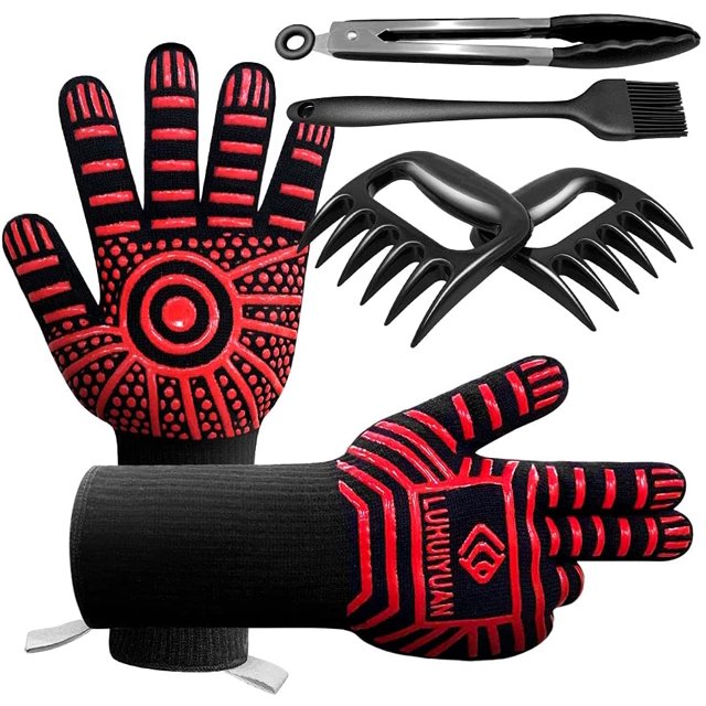 BBQ Gloves 1472°F Extreme Heat Resistant, 4 in 1 Grill Accessories with EN420/407 Certified Oven Mitts, 9" Grilling Tong, Grill Brush & BBQ Bear Claws for Men, Grill, Baking, Cooking,Welding