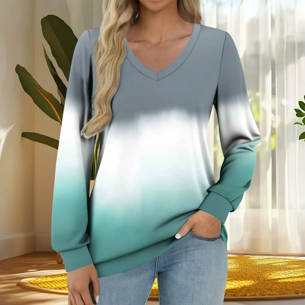 Heisall Womens Tops V-Neck Long Sleeve Loose Casual T-Shirts Gradient Color Fashion Blouse