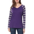 thumbnail image 3 of Tops A Rayas Con Cuello En V Y Mangas Raglán Largas Para Mujer Púrpura M, 3 of 7