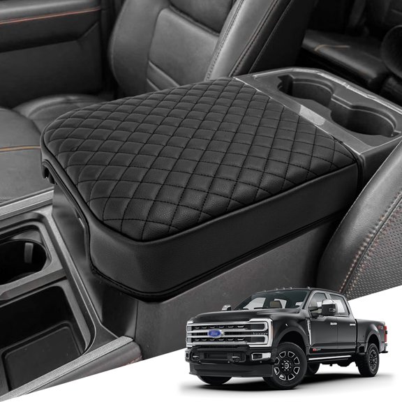 KBH Center Console Cover for 2023-2026 Ford F250 F350 F450 F550 Super Duty Accessories, Black Leather Middle Console Lid Armrest Cushion Pad for Truck Interior(Bucket Seat)