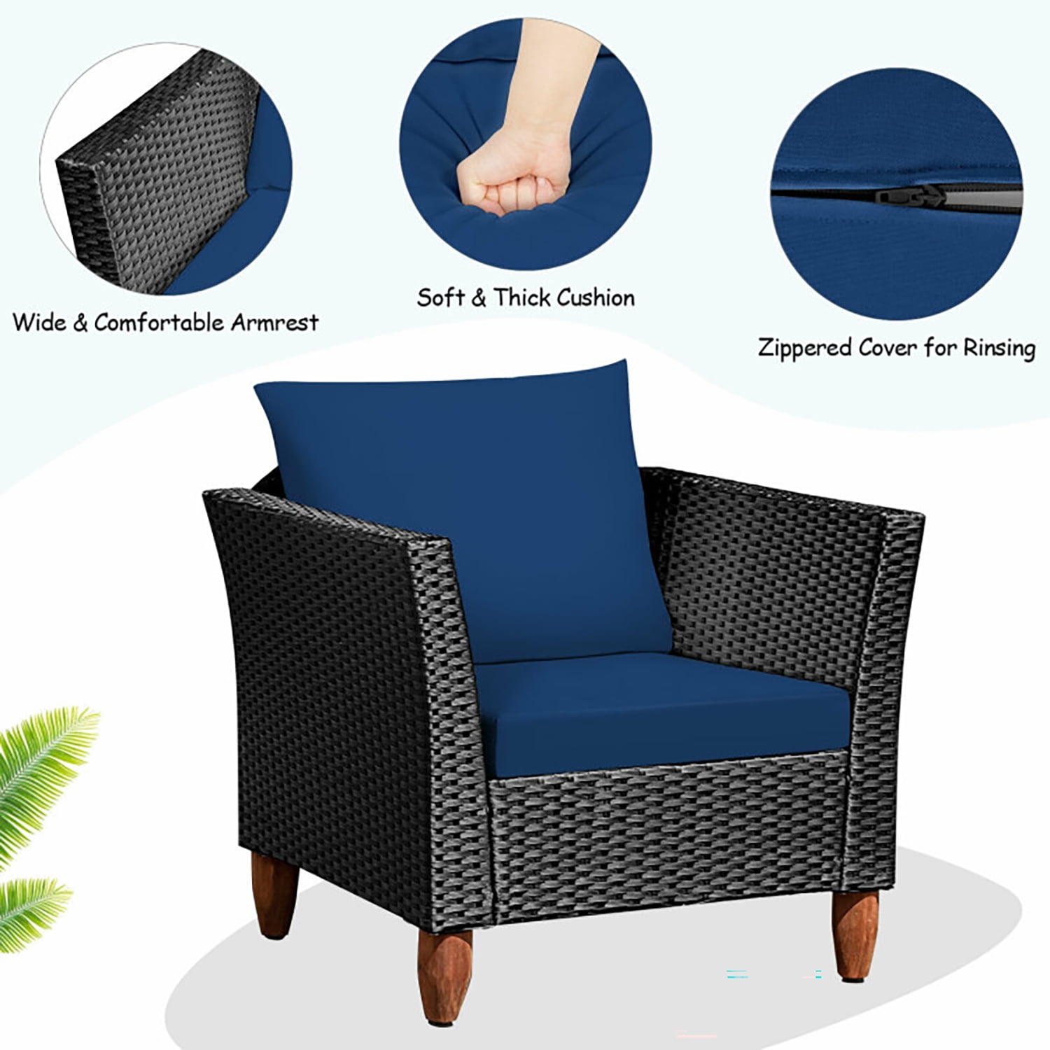 Aimee Lii 3 Pieces Outdoor Patio Rattan Furniture Set with Coffee Table, Modern Patio Furniture, Navy