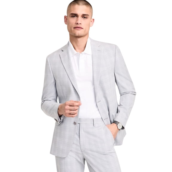 Alfani Mens Slim fit Suit Jacket Blazer 38 L Light Grey Plaid Stretch