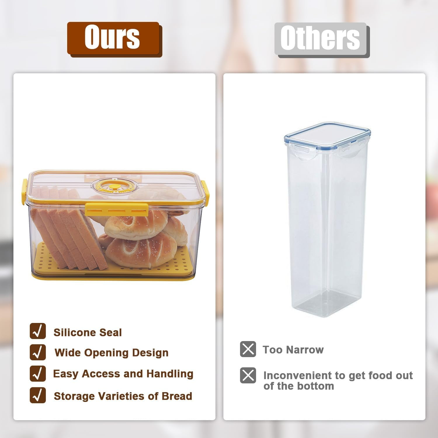 Baodeli Bread Box Bread Boxes for Kitchen Counter Airtight, Time Recording Bread Storage Container with Lid, Bread Keeper for Homemade Bread, Toast, Bagel, Donut and Cookies, Yellow