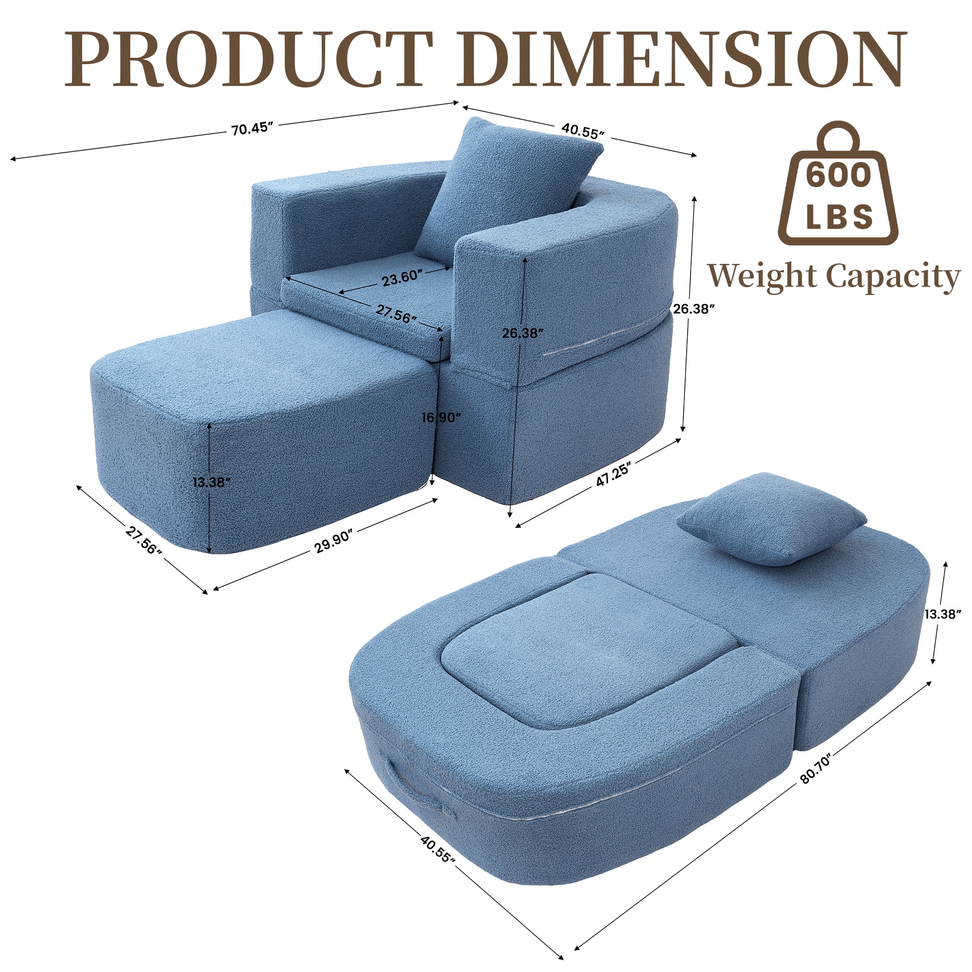The Magic Home 41" Futon Sofa Bed Teddy Fleece Futon Couch Convertible Sleeper Floor Sofa Bed Upholstered Couch Reading Chair for Living Room, Blue Couch, No Assembly