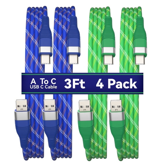 Wellooch USB-A to USB-C Cable (4-Pack, 3ft), Fast Charging Braided Type-C Cord - Green/Blue