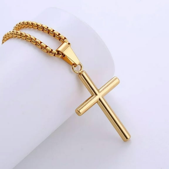HOOUN Women Mens Smooth Cross Pendant Necklace Simple Gold Stainless Steel Chain 24''