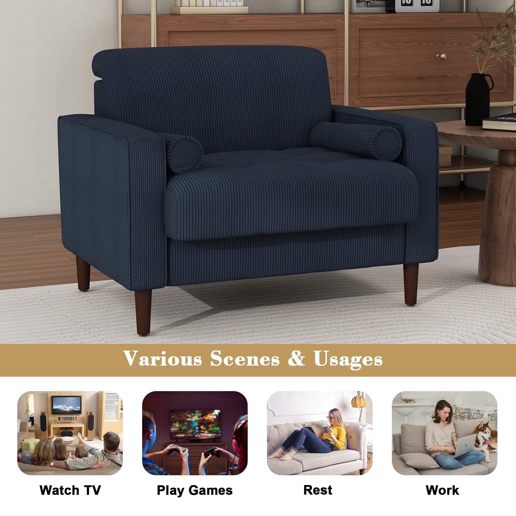 UIXE Oversized Accent Chair Corduroy Fabric Modern Armchair with Large Seat for Living Room Bedroom Reading, Navy Blue