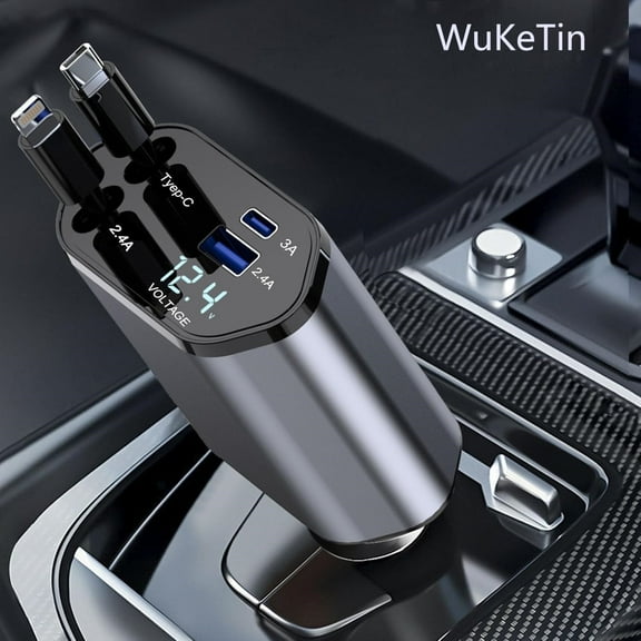 4 in 1 Retractable Car Charger, 100W Fast Car Phone Charger with iPhone and Type C Cable and 2 Charging Ports Car Charger Adapter