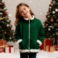 thumbnail image 2 of BOBOGOJP Hoodies for Girls Full Zip Furry Trim Thick Jacket Kids Boys Christmas Santa Sherpa Fleece Lined Warm Pullover Dark Green for Size 2-3 Years, 2 of 7