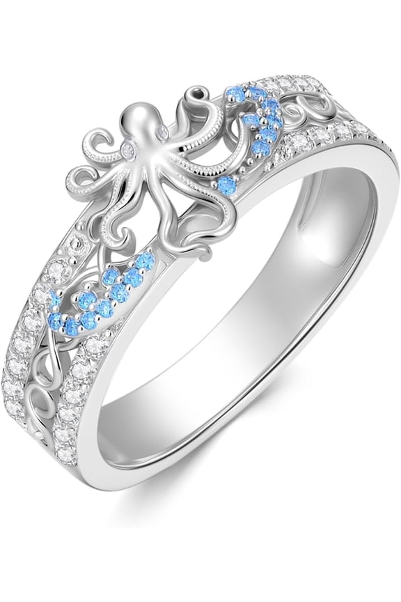 Octopus Ring 925 Sterling Silver Infinity Sea Animal Rings Cubic Zirconia Octopus Ring for Women Ocean Jewelry Size 7-9