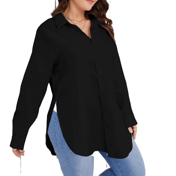 Casual Collar Shirt Long Sleeve Black Plus Size Blouses (Women's ...