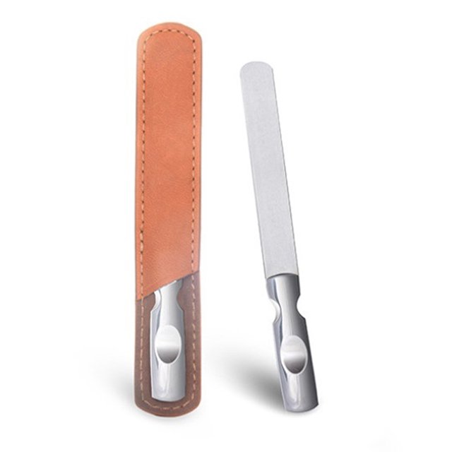 Lima de uñas de acero inoxidable con mango antideslizante y estuche de cuero, herramientas para uñas y kit de cuidado de uñas para hombres y mujeres