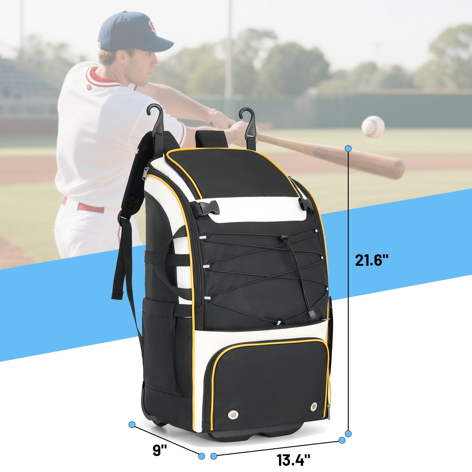 Rolling Baseball Bag with Wheels, Large Capacity Softball Bag Holds 4 Bats for Boys and Girls, Youth Equipment Bag with Rain Cover and Shoe Compartment
