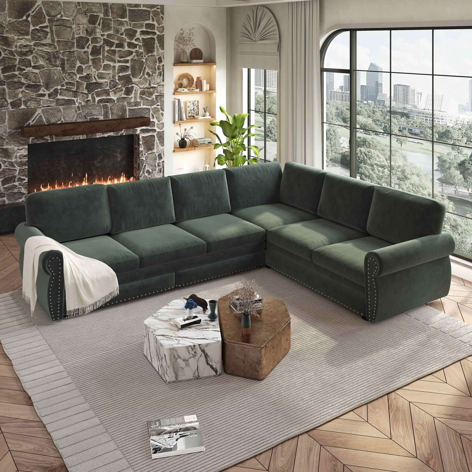 MAYEERTY 118" L‑Shaped Convertible Pull‑Out Sofa Bed, Chenille Sectional Couch with Nailhead Trim & Rolled Arms, Oversized Multifunctional Sleeper Sofa