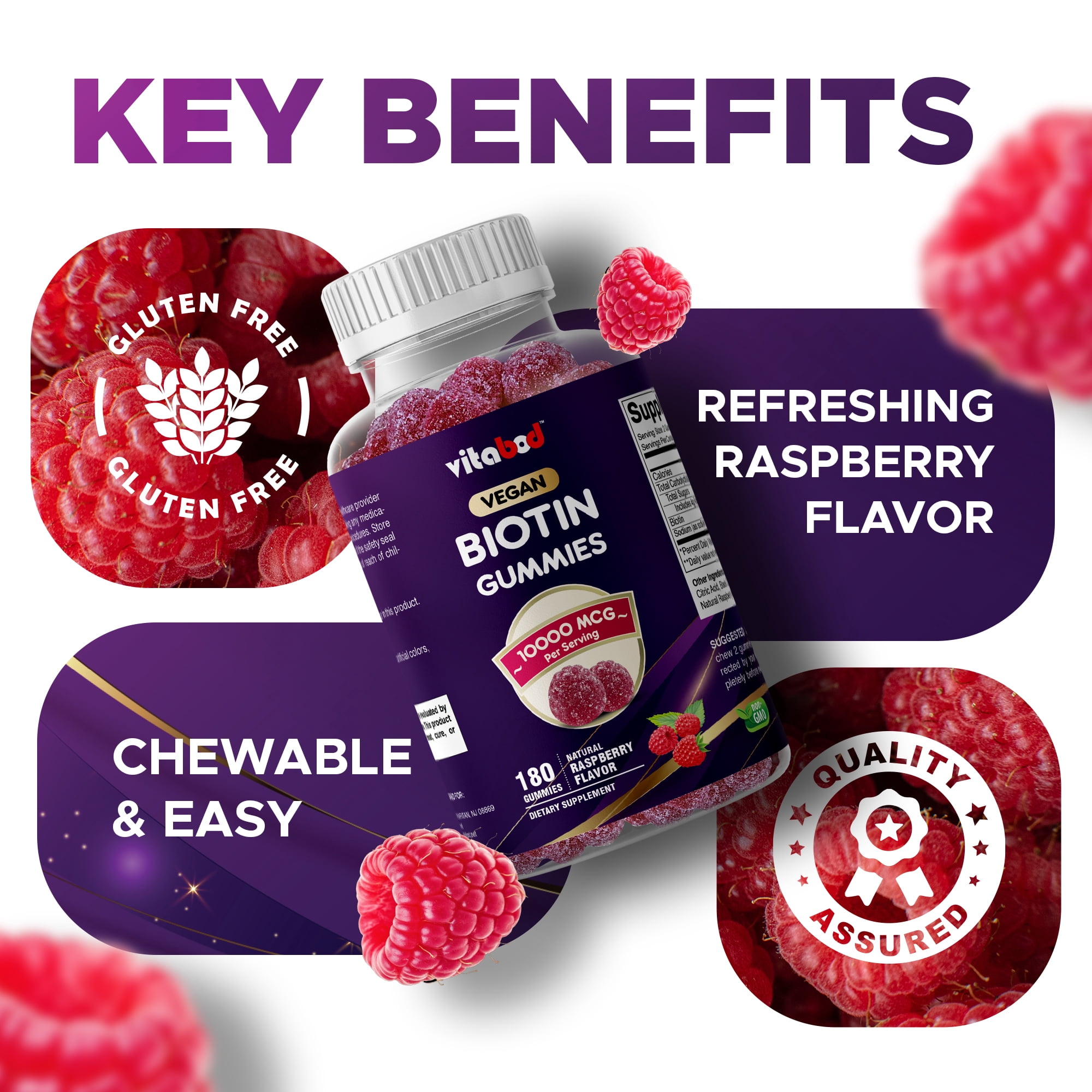 (3 pack) VITABOD Biotin Gummies 10000mcg for Healthy Hair, Skin & Nails Growth Vitamins for Women, Men & Kids - Vegan, Non-GMO, Hair Growth Supplement 180 Gummies