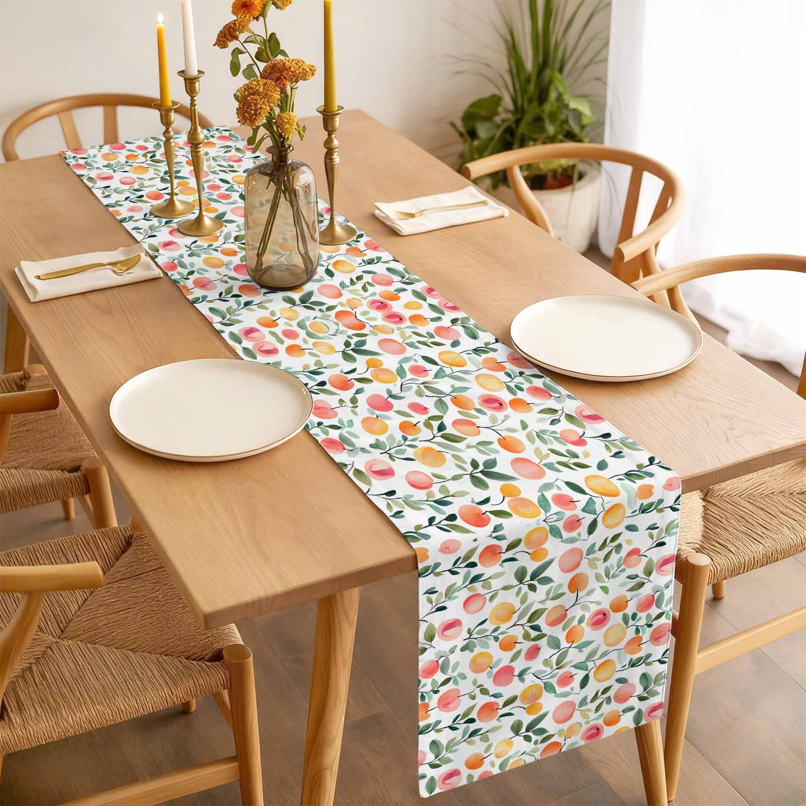Pink Peach Cotton Linen Table Runner Country Style Spring Fruit Green Leaf Dining Table Runners for Home Decor Party Dining Room Restaurant Kitchen 13" x 90"