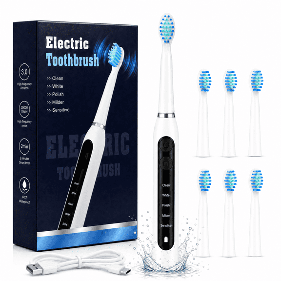 Electric Toothbrush for Adults, 5 Cleaning Modes, IPX7 Waterproof, 2-Minute Smart Timer, USB-C Rechargeable, 500mAh Battery