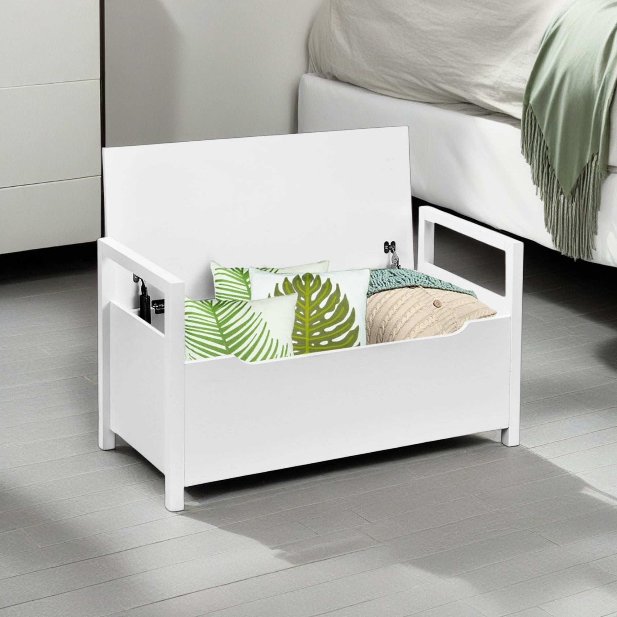 Demi Bonn 34" Storage Bench with Cushion, Lift-Top Toy Storage Organizer Trunk with 2 Safety Hinges, Wood Storage Box Chest for Bedroom, Entryway, Living Room, White
