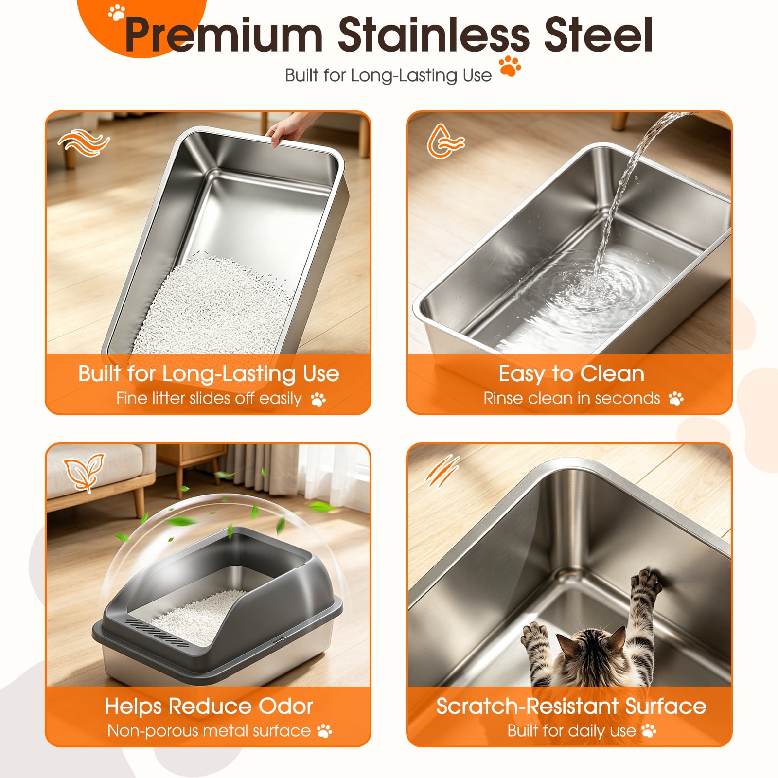 Euqvunn Stainless Steel Litter Box XL for Large Cats, Metal Cat Litter Box with Lid and High Sides, Leakproof, Non Stick, Easy to Clean, Scoop Included