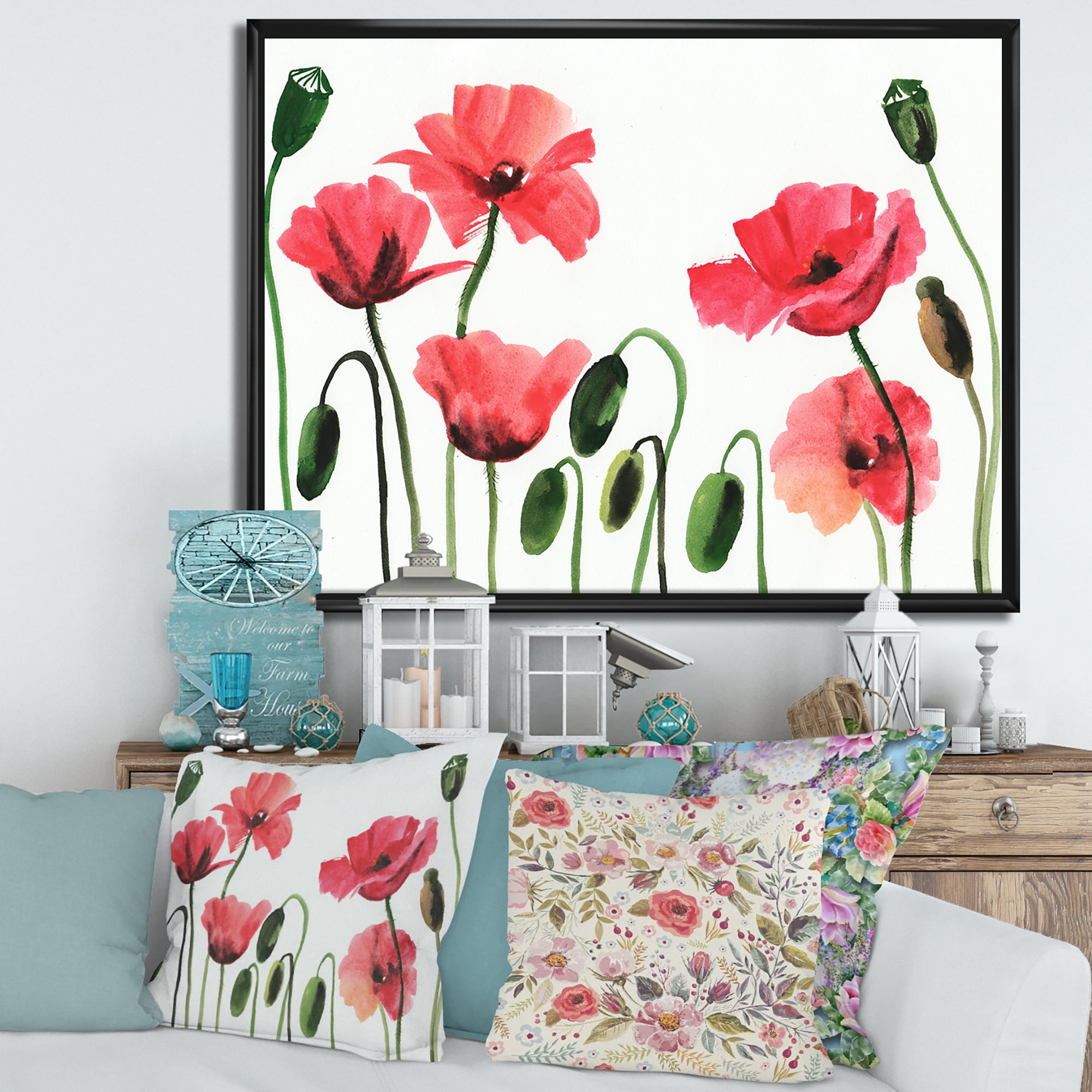Designart 'Ancient Red Blooming Poppies' Traditional Framed Canvas Wall Art Print