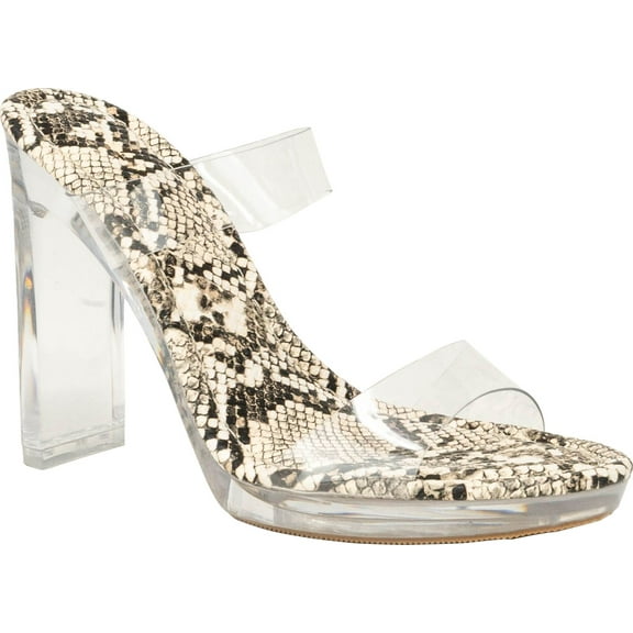 Static Footwear Women's Clear Open Toe Chunky Heels Mules High Heels Slip On Slide Sandals, Clear Snake, 8