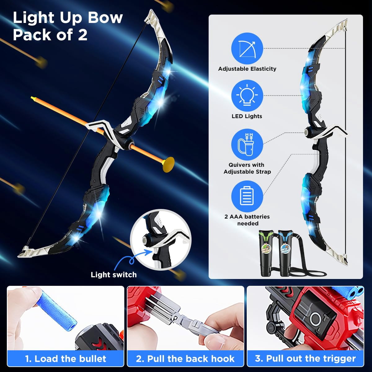 VATOS 2 Pack Bow and Arrow Toy, Light Up Archery Toy with Cup Suction Standing Target & 29 in Dart Board Toys for Kids 5-12 Year