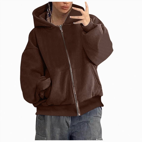felwors Men's Oversized Zip Up Hoodie Fleece Sweatshirts with Pockets Long Sleeve Winter Jackets Coffee for Size XL