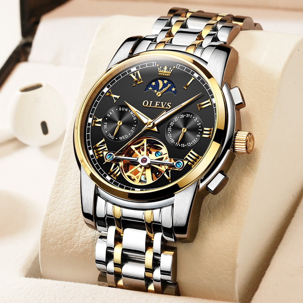 OLEVS Automatic Watches for Mens Skeleton Mechanical Self Winding Chronograph Calendar Classic Dress Moon Phase Multifunction Mens Wrist Watches Luminous Waterproof Stainless Steel Reloj Para Hombre