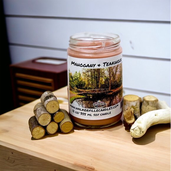 Mahogany & Teakwood Vegan Coconut Soy 12 oz/ 355 ml Candle Hand-poured, Eco-friendly, Clean Burning, Woodsy/ Clean