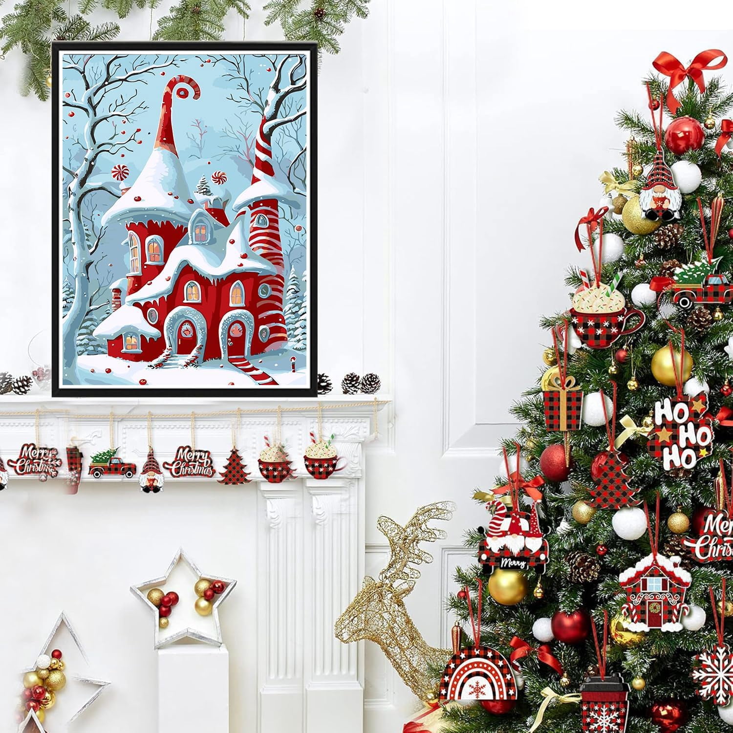 Christmas Paint by Numbers Kit for Adults Beginner - Red House Adult Paint by Number Kits On Canvas Adults' Paint-by-Number Kits DIY Oil Painting Kits for Gift Home Wall Decor 16x20 Inch,MT20310-US