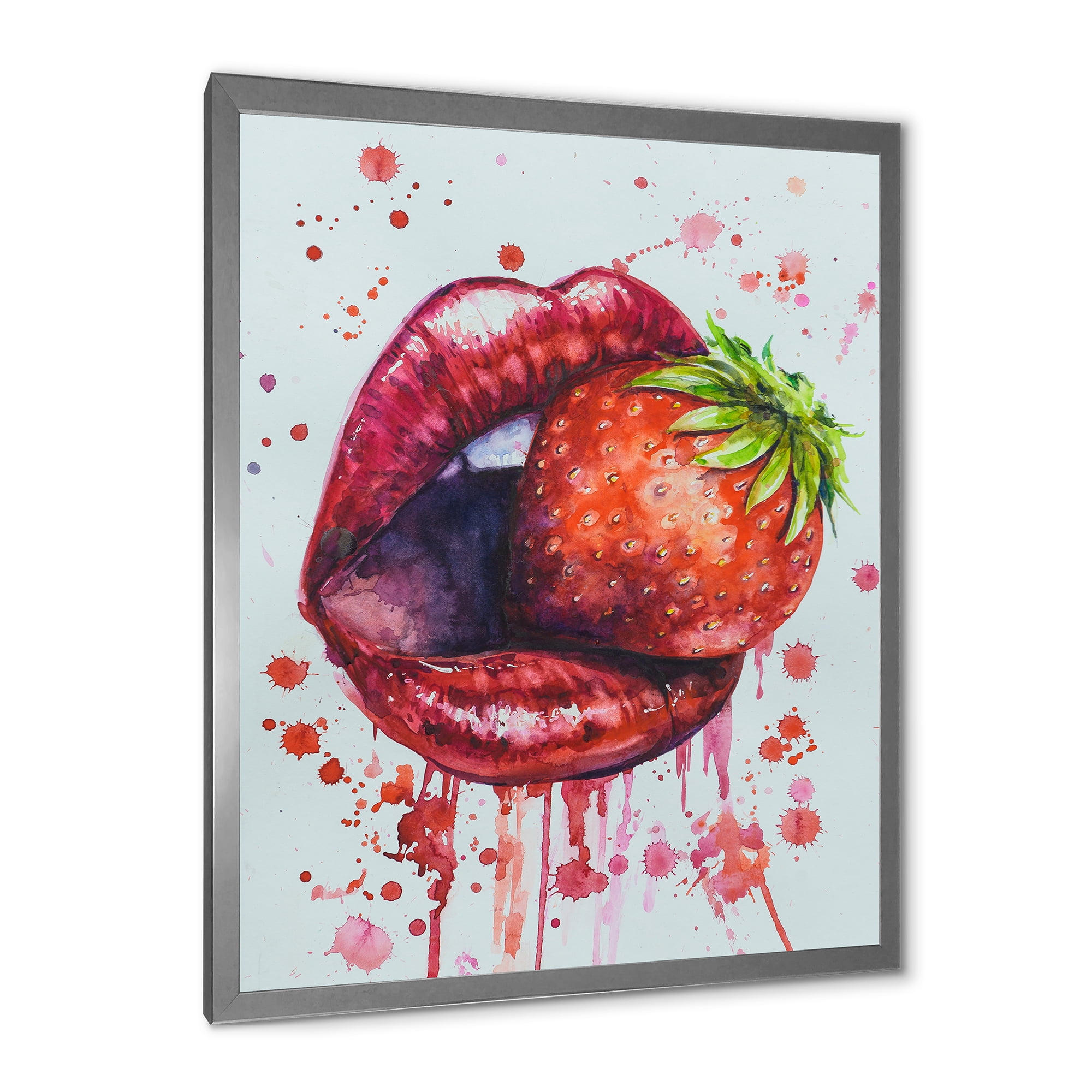 Designart 'Red Girl Lips Eating A Strawberry' Modern Framed Art Print