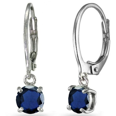 - Created Blue Sapphire Sterling Silver 6mm Round Dangle Leverback Earrings