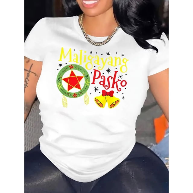 Camiseta de manga corta con cuello redondo y estampado "Feliz Navidad" para mujer - Camiseta informal de algodón - Cómoda camiseta de verano para mujer - Perfecta para fiestas y regalos navideños