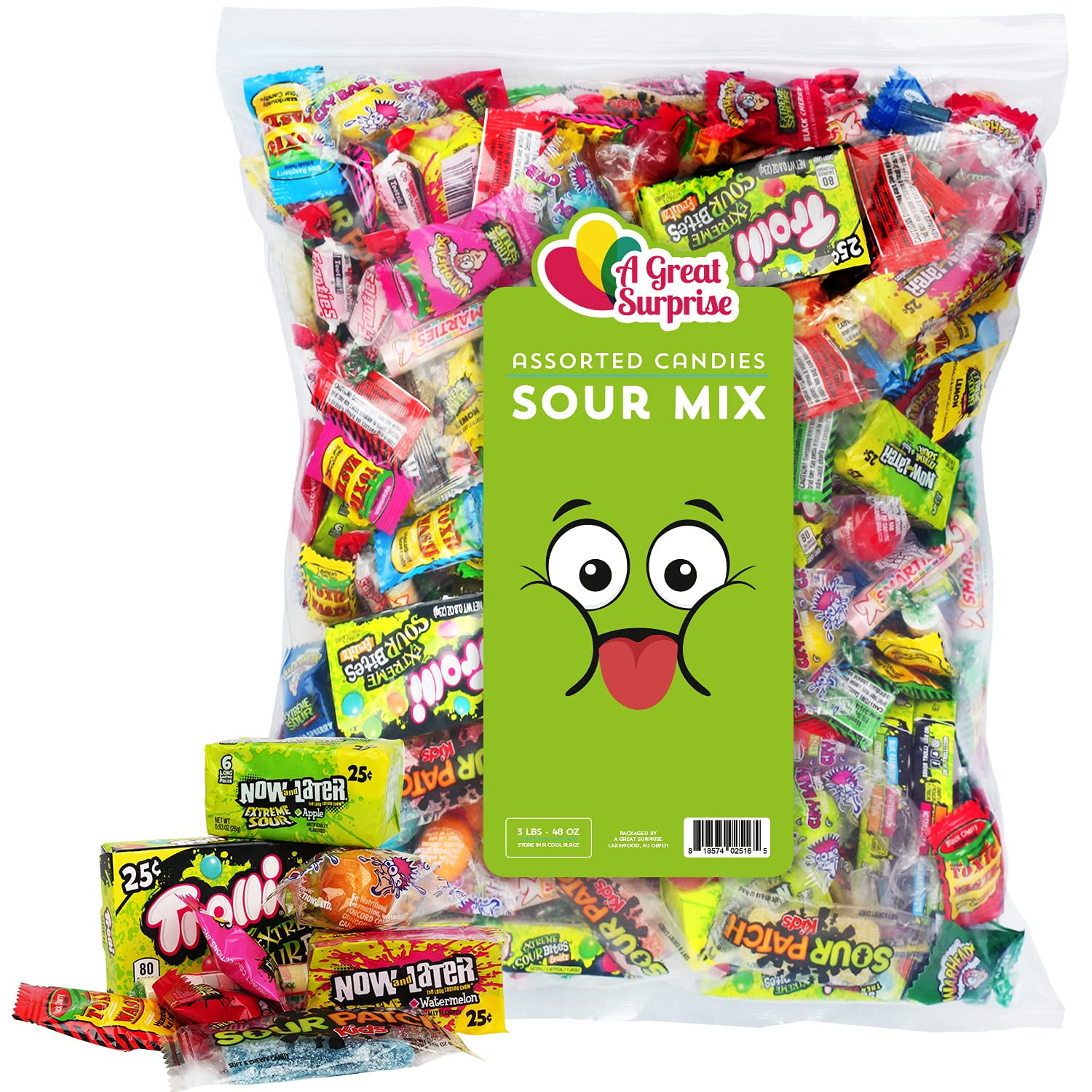 A Great Surprise Sour Party Mix - Appx. 3 LB Bulk: Warheads Extreme, Cry Baby Gumballs, Sour Patch, Sour Bites and Much More of Your Favorite Candy!