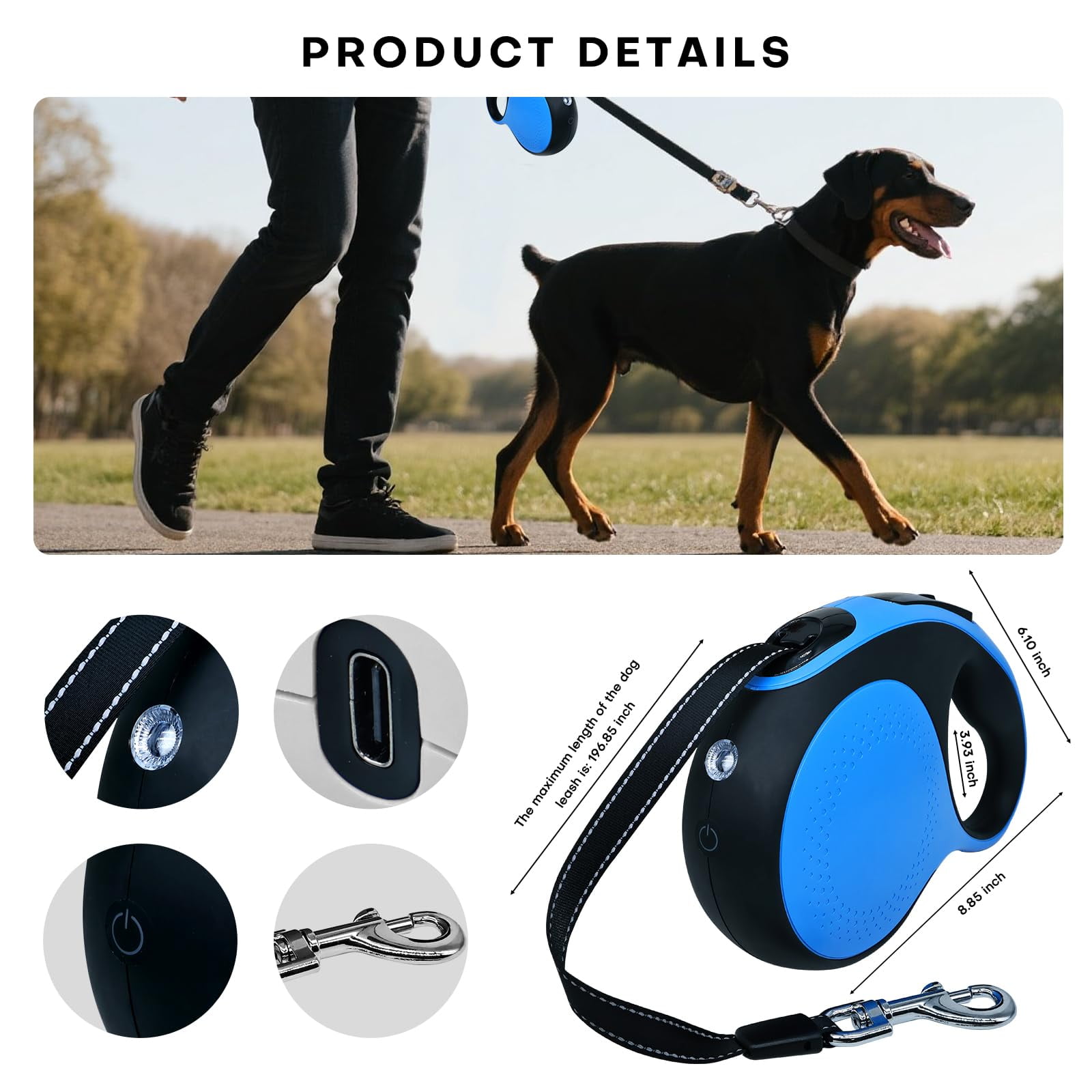 Retractable Dog Leash with Chew Proof Cable,16Ft Heavy Duty Dog Leash for Small Medium Large Dogs up to 110lbs(16ft+LED+Blue)