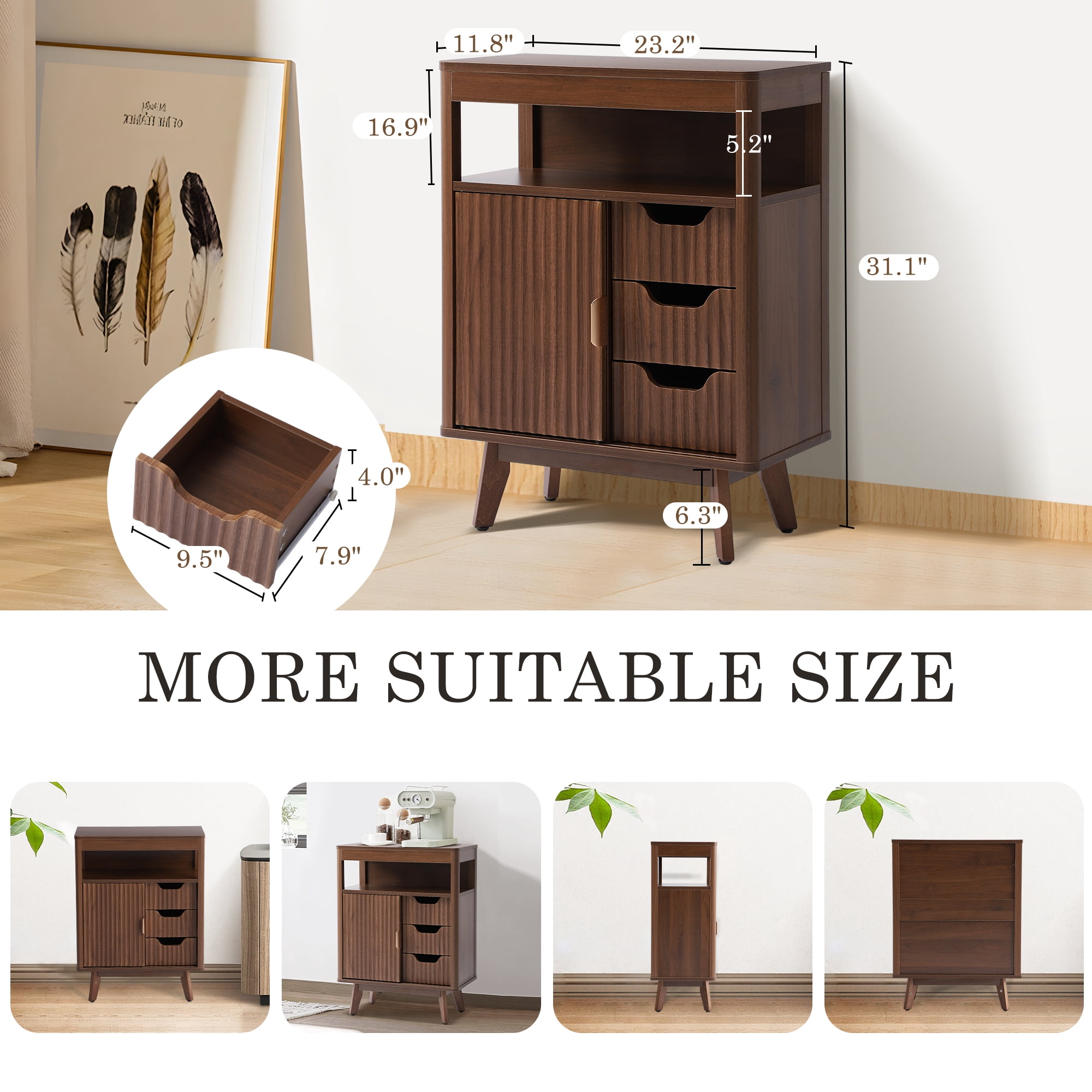 Magic Union Bathroom Storage Cabinet with Fluted Sliding Door, 3 Drawers Bathroom Floor Cabinet, Freestanding Storage Organizer w/Adjustable Shelf, Faux Marble Top, Curved Profile Design Natural Oak