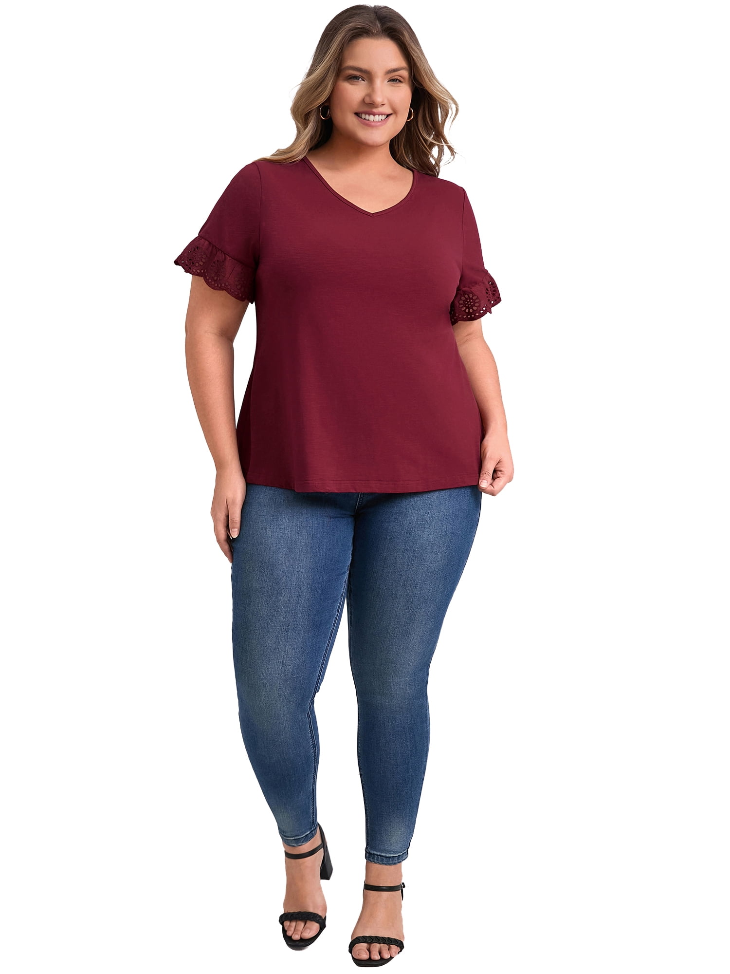 DARING DIVA Women's Plus Eyelet Embroidered Short Sleeve Blouse 1X Burgundy