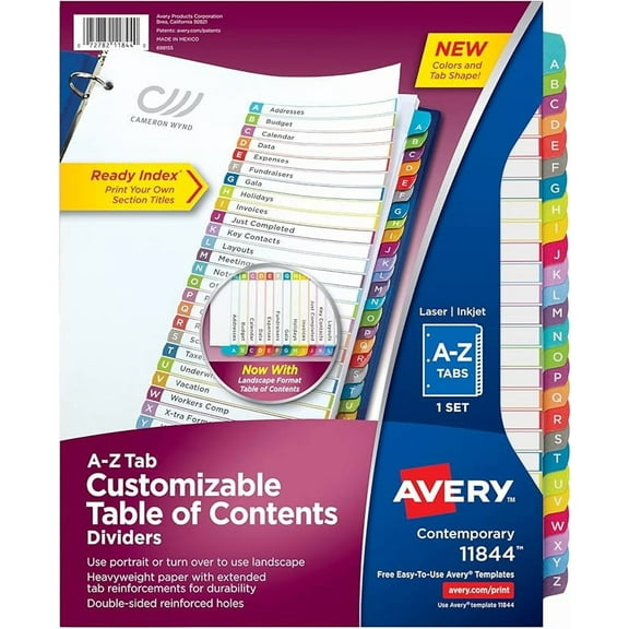 A-Z 26 Tab Dividers for 3 Ring Binders, Customizable Table of Contents, Multicolor Tabs, 1 Set, 12 Packs (11844)