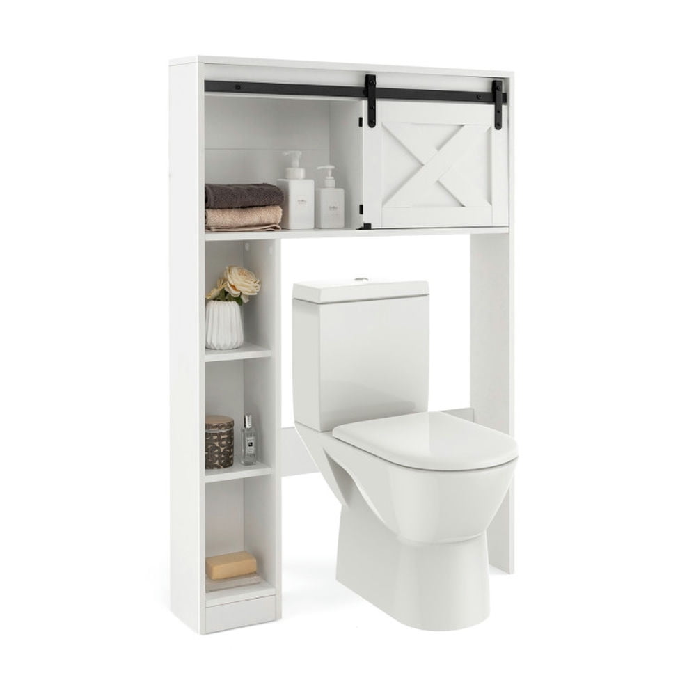 Finihen Toilet Storage Cabinet, Bathroom Cabinet Organizer, 4-Tier Over The Toilet Storage Cabinet with Sliding Barn Door and Storage Shelves, for Bathroom, White