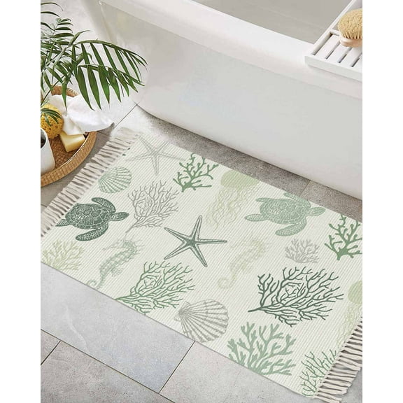 Sage Green Coastal Bath Rug 2x3ft Woven Bathroom Entryway Runner Rug,Nautical Summer Beach Coral Sea Turtle Washable Living Room Hallway Bedroom Kitchen Carpet with Tassels,Indoor Outdoor Doormat
