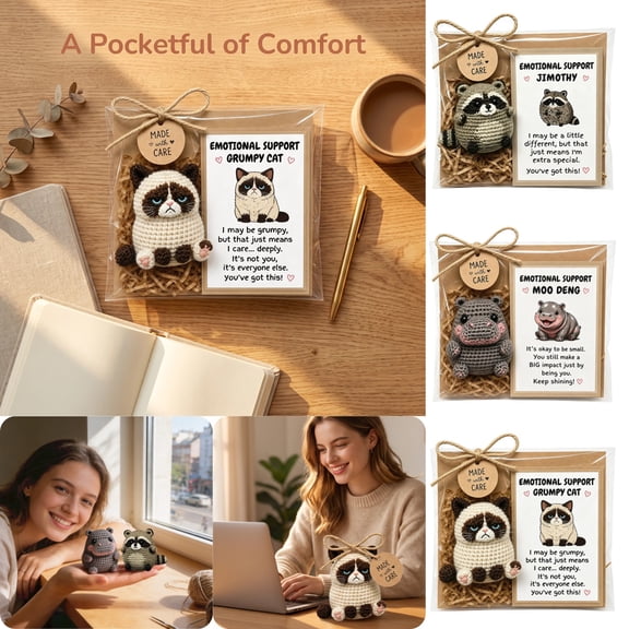 Emotional Support Plush Grumpy Cat Handmade Crochet Animals Pocket Hug Doll, Funny Sarcastic Novelty Gift for Best Friend, Ready To Give Gift Set, No Words Just Hugs Anxiety Relief Desk Buddy