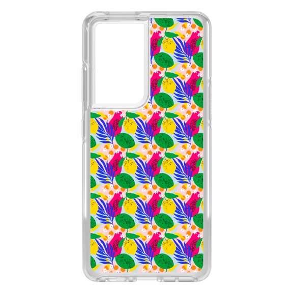 DistinctInk Clear Shockproof Hybrid Case for Galaxy S21 ULTRA 5G (6.8" Screen) - TPU Bumper, Acrylic Back, Tempered Glass Screen Protector - Summer Vibes Floral Pattern Pink Green Yellow