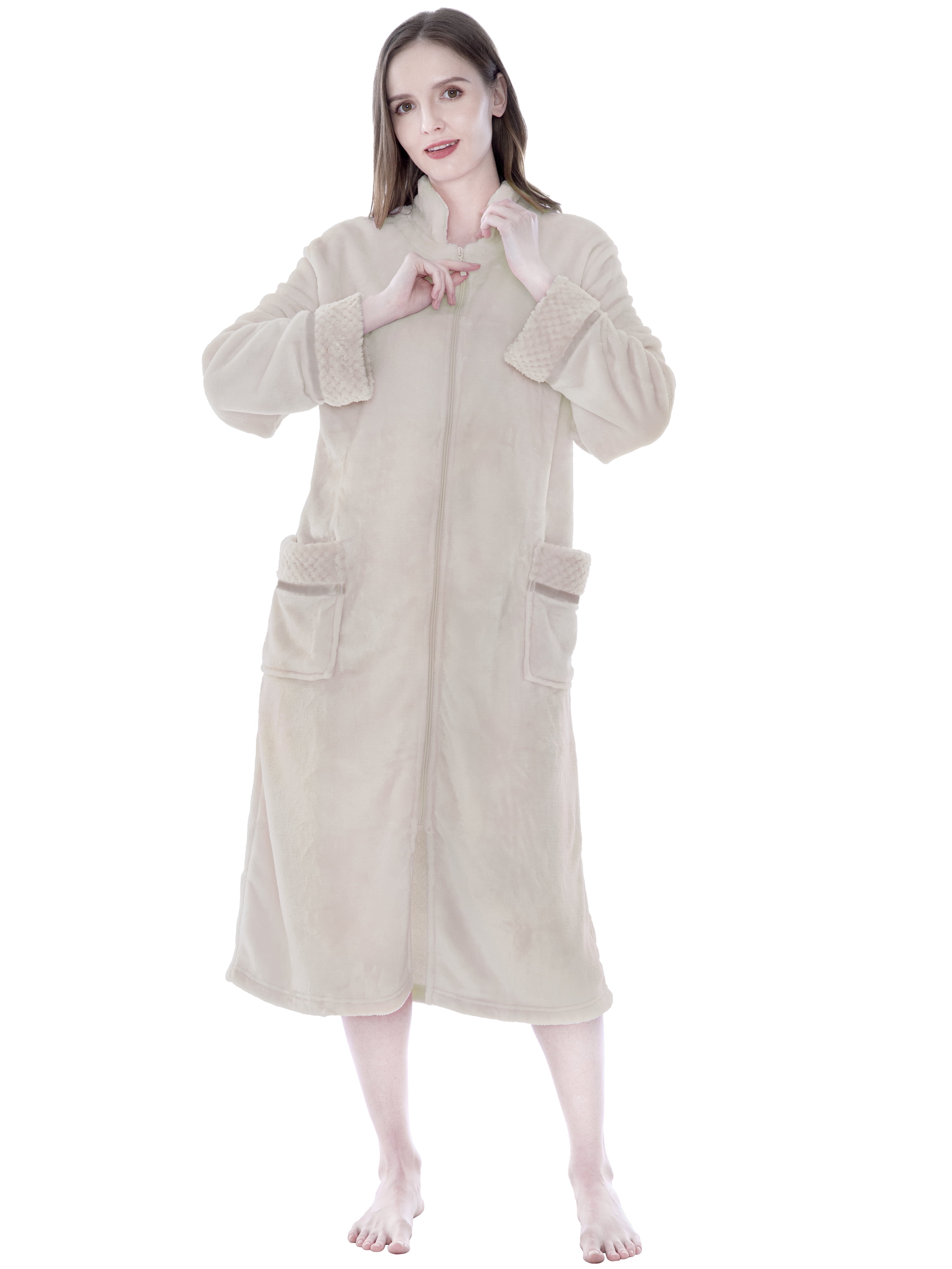 PAVILIA Fleece House Coat Women, Zip Up Robe Lounger, Taupe Beige Full Length Zipper Robe Duster