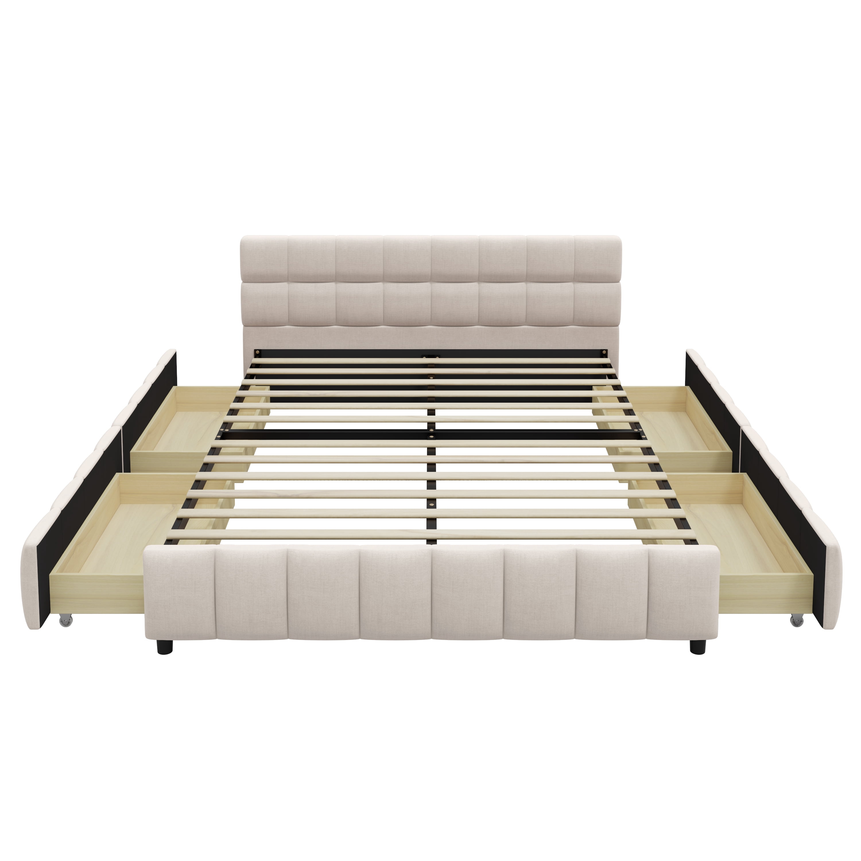 Queen Size Upholstered Platform Bed Frame with 4 Storage Drawers