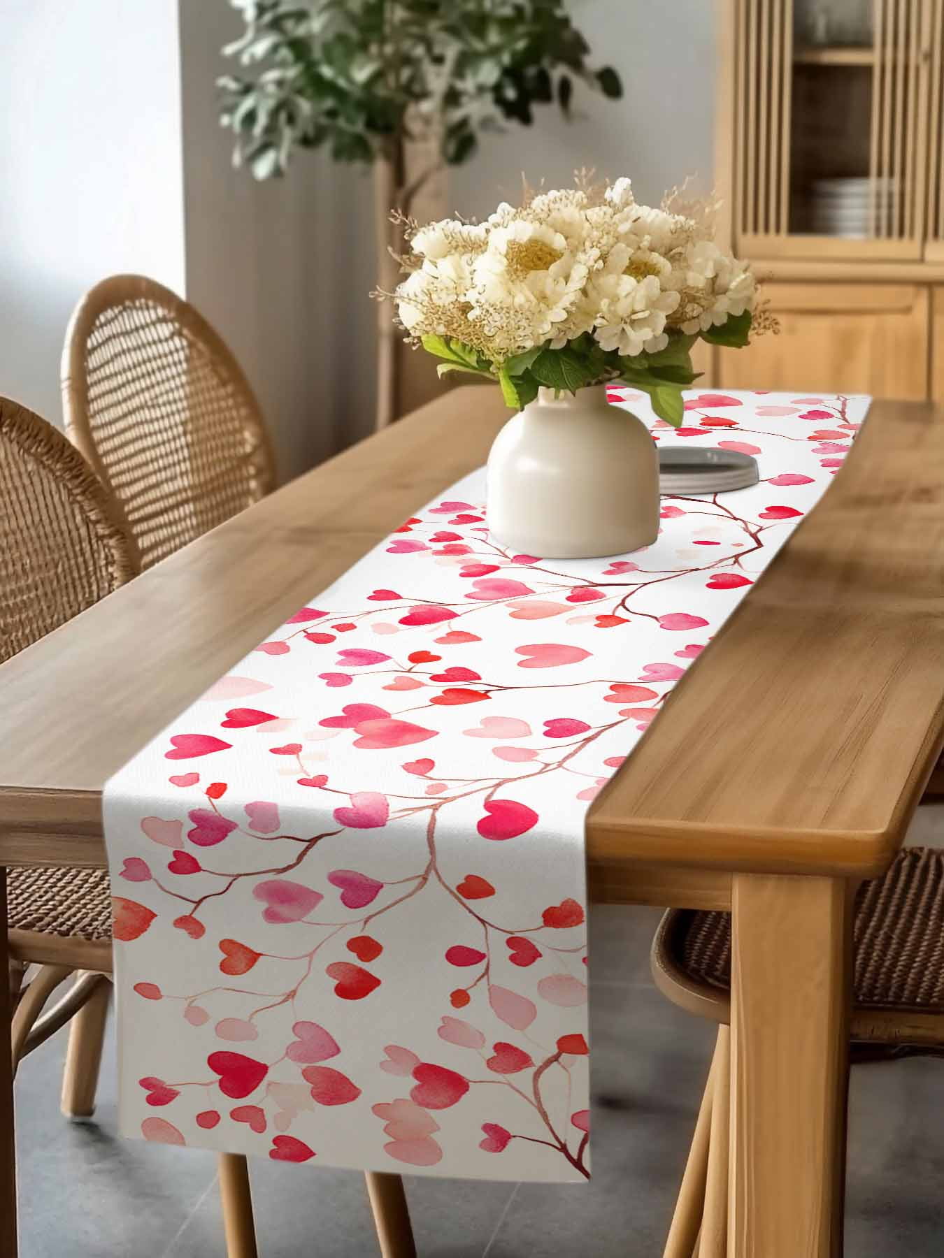 Valentine's Day Table Runner, Romantic Watercolor Red Gradient Love Heart Tree Washable Cotton-linen Table Runners Dining Kitchen Decoration for Everyday Home Wedding Party Decor, 13 x 108 Inch