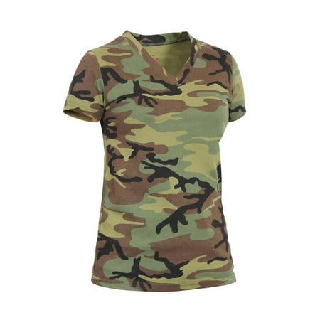 - Womens Long Length V-Neck Camouflage T-Shirt, Woodland Camo