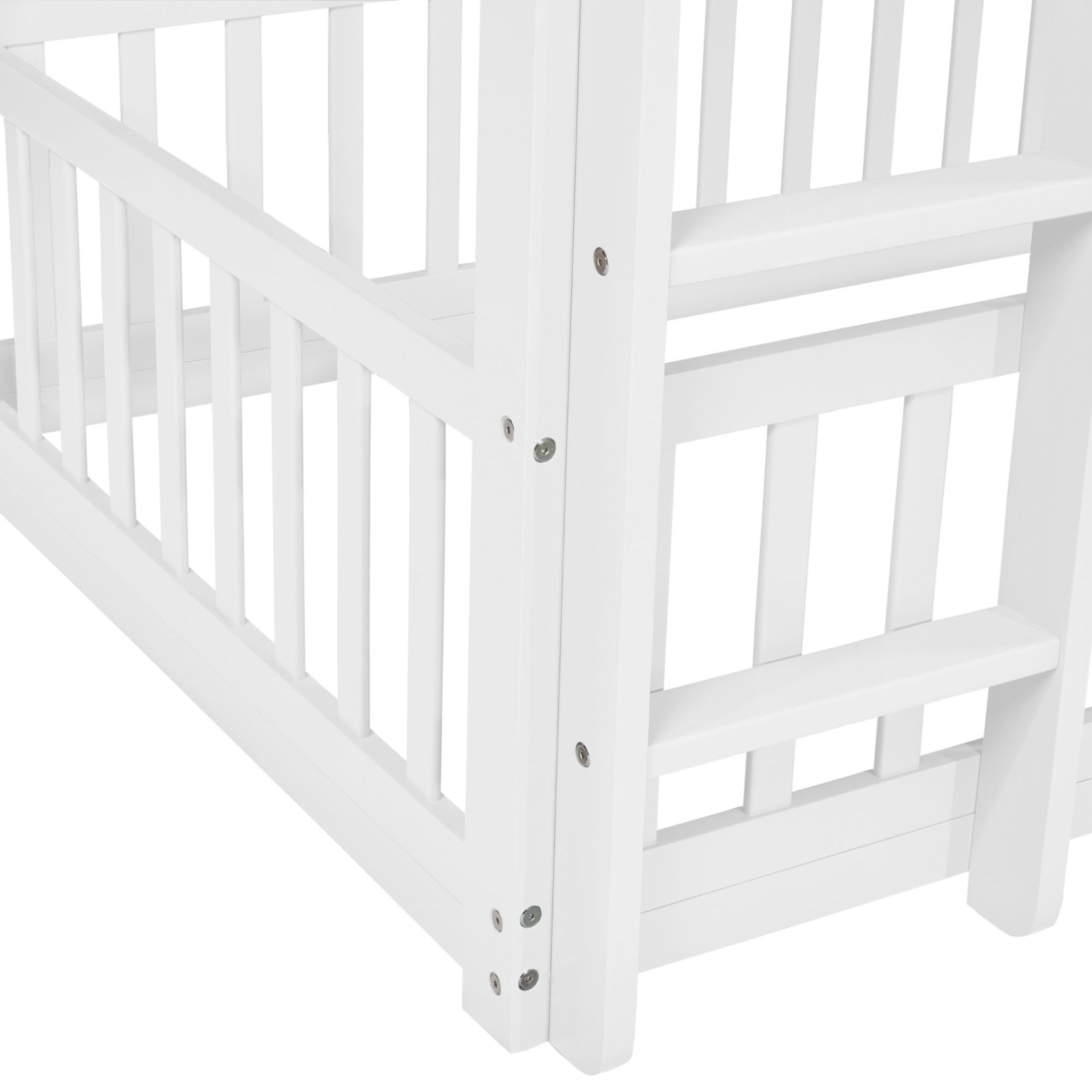 Noble House Twin Over Twin Floor Bunk Bed, Solid Pine Wood Frame with Slide, Convertible Ladder & Guardrails, White