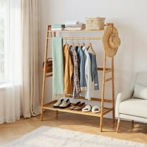 GVN Coat Rack Stand,Hall Coat Tree,Bamboo Clothing Rack with Storage Shelves-Natural