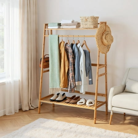 GVN Coat Rack Stand,Hall Coat Tree,Bamboo Clothing Rack with Storage Shelves-Natural