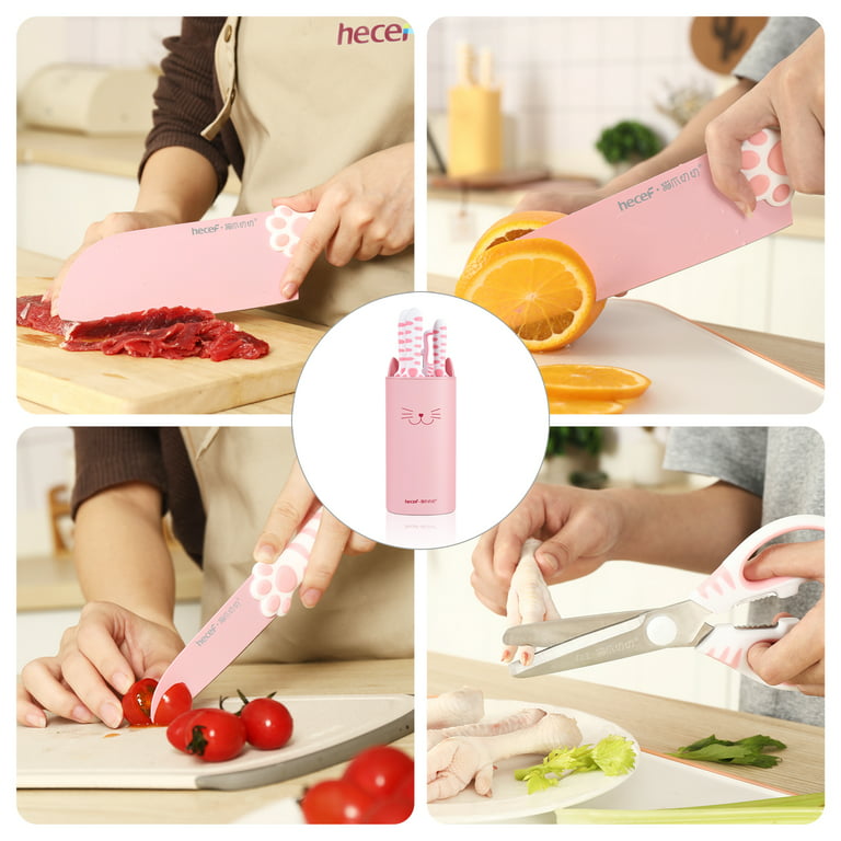 Hecef Cute Kitchen Knife Set with Detachable Block, Cat Claw Pink Sharp Chopping Cleaver and Scissors for Gift Housewarming Birthday, Size: 14 x 5 x 5